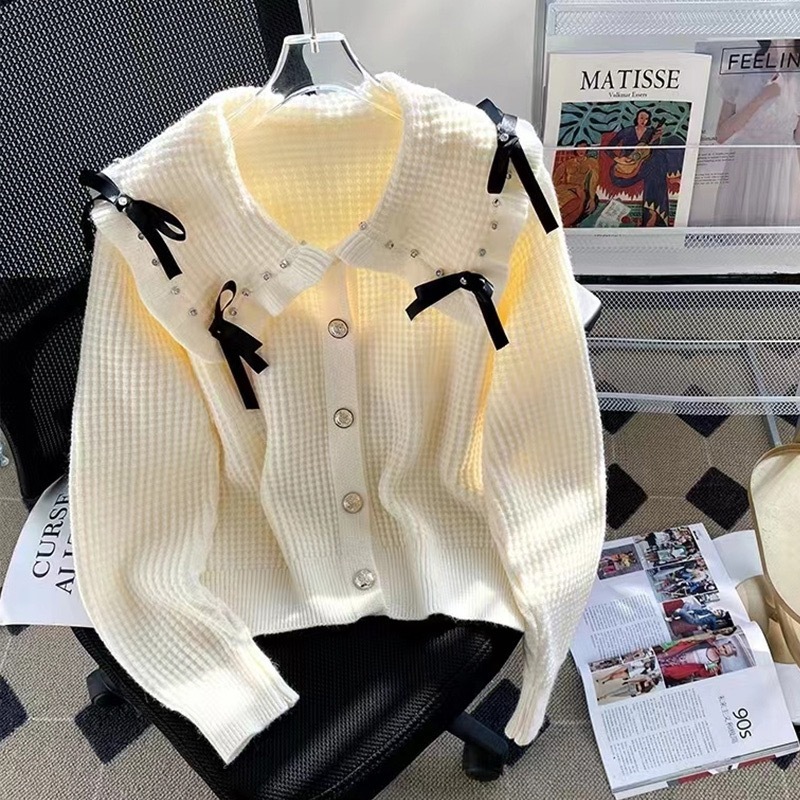 Heavy industry bow sweater coat women's cardigan French doll collar niche design