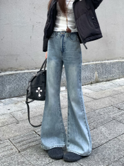 Women's bootcut jeans new winter American high street loose retro light-colored floor-length trousers