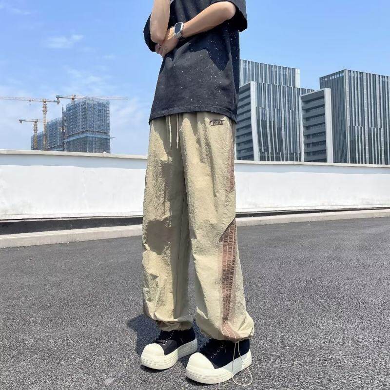 American quick-drying sports casual pants for men, summer trendy high street loose straight striped long pants