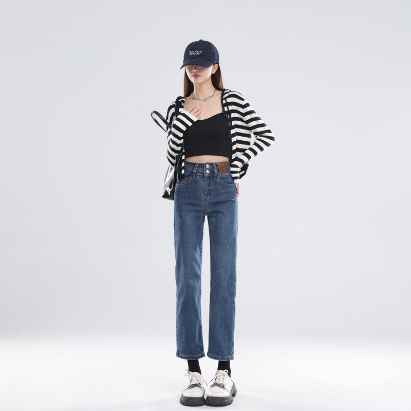 2024 Autumn and Winter New OEM Straight Leg Nine-Point Jeans Women's Slim Loose High Waist Trendy Ins Cigarette Pants