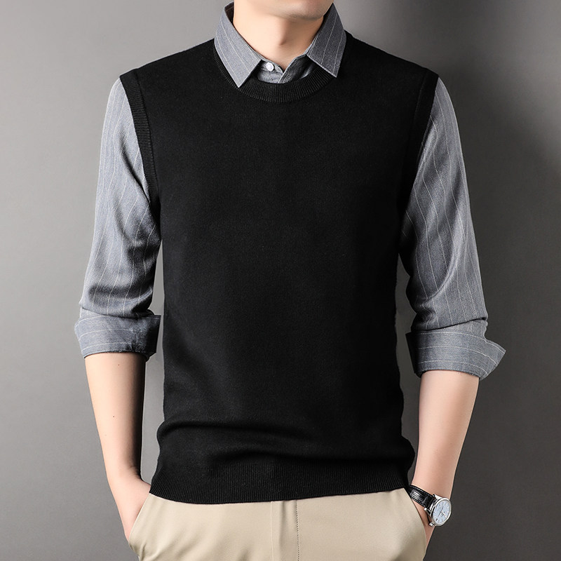 Middle-aged men's new solid color lapel sweater sweater winter casual men's thickened fake two-piece top