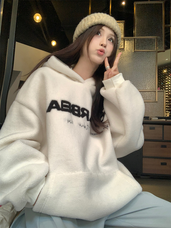 Autumn and winter Korean chic simple lamb wool letter hooded thermal sweatshirt