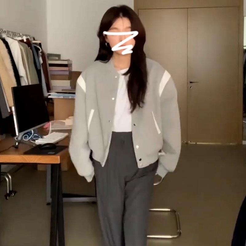 American retro gray baseball jacket women's autumn and winter small casual jacket short top