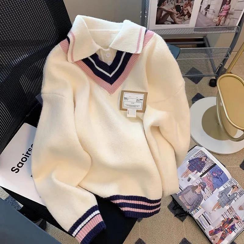 Deer plush fake two piece polo neck sweater for women