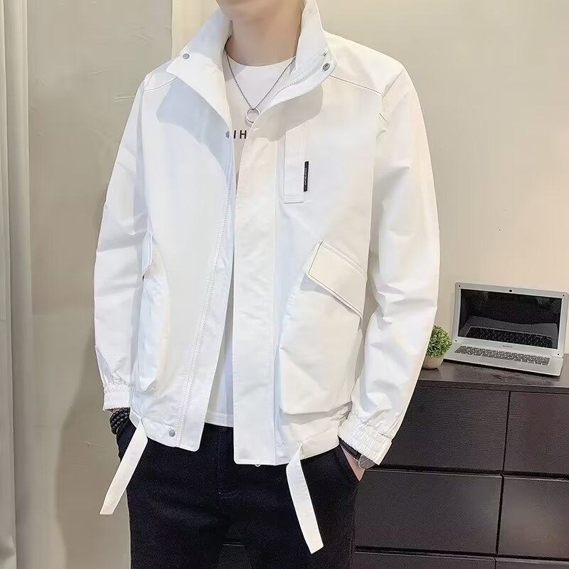 New white coat for men in spring and autumn, loose and handsome, stand-up collar, thin work jacket, trendy brand for men