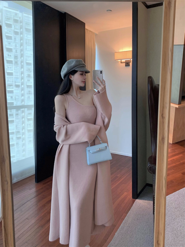 New autumn and winter slim-fitting bottoming dress + long cardigan jacket two-piece set