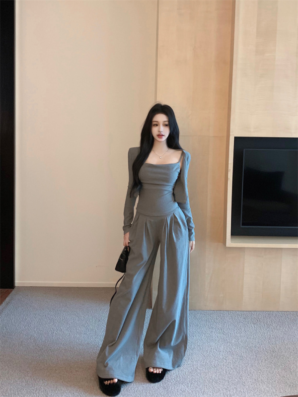 Hot Girl's Brushed Thickened Three-piece Swing Collar Suspender Jacket Two-piece Set + High-waisted Wide-Leg Pants