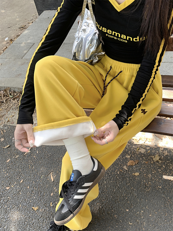 High-end velvet thickened drawstring sweatpants autumn new high-waisted pants