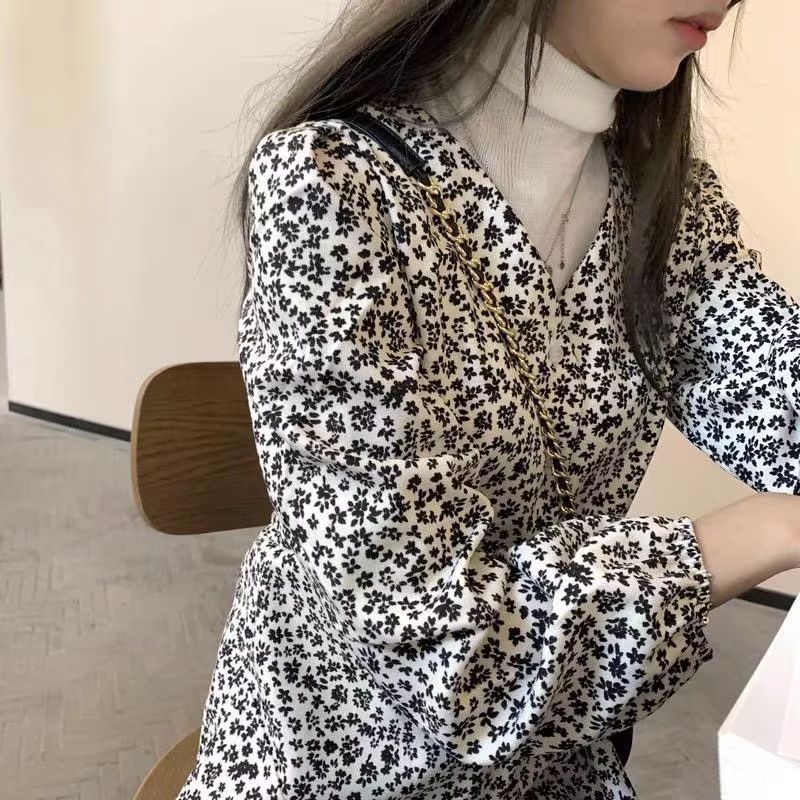 European and American style spring, autumn and winter French retro inner long skirt above the knee with floral Korean style Paris long-sleeved dress for women