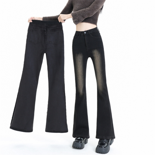 2024 winter new slimming bootcut jeans for women, high-end charcoal black plus velvet, street style narrow version