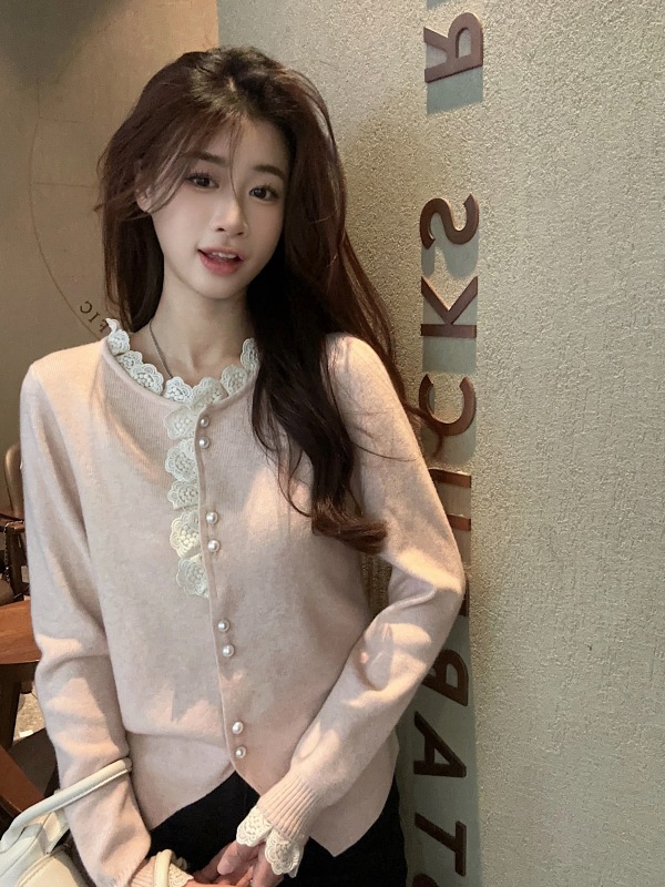 Korean style lace edge pearl button sweater long sleeve cardigan sweater for women