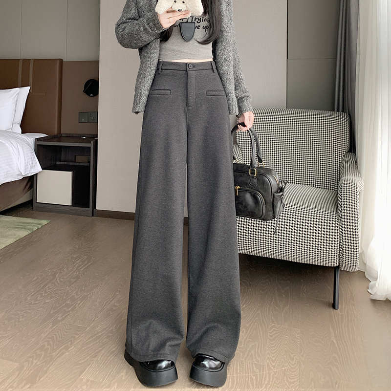 Gray velvet thickened woolen suit straight pants for women autumn and winter high waist casual wide leg pants for women