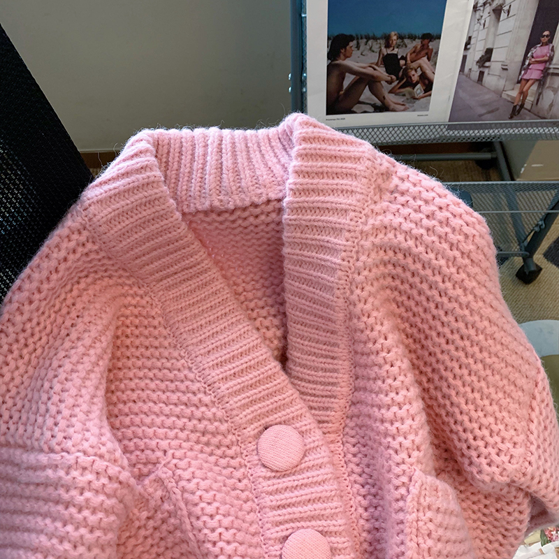 Pink V-neck sweater jacket for women in winter thickened Korean style lazy style loose sweater