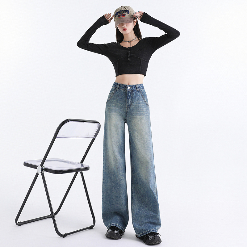 Retro blue distressed washed 2024 autumn and winter jeans women's American high street loose wide leg straight pants ins