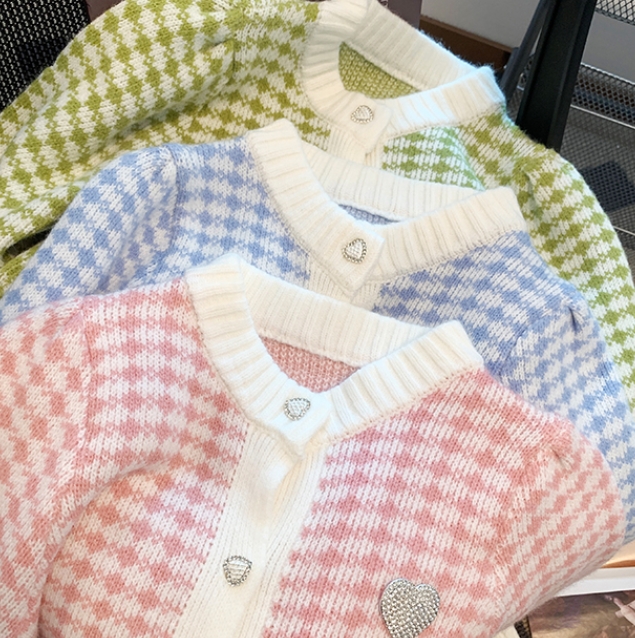 New autumn and winter knitted sweaters, houndstooth short long-sleeved coats for women, new autumn and winter small fragrant sweaters for women