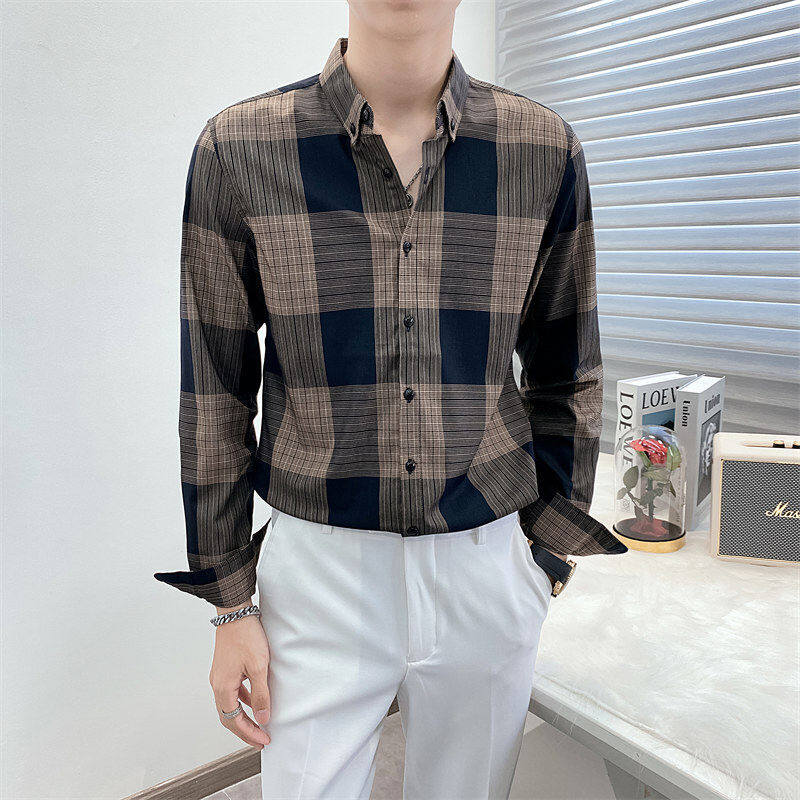 Autumn men's small plaid slim shirt long-sleeved shirt dark gray