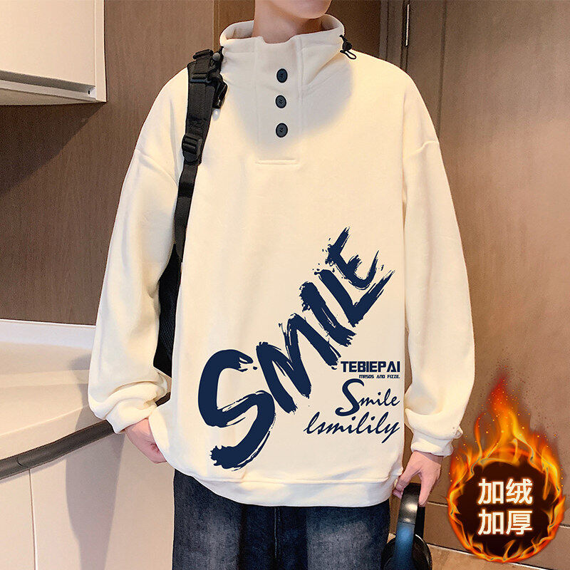 Polar fleece pullover sweatshirt plus fleece warm casual men's large size high street half turtleneck top
