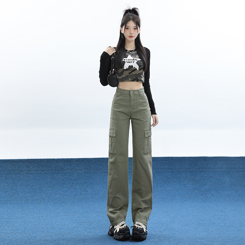 High-waisted straight-leg overalls denim autumn new slim wide-leg pants American retro casual pants