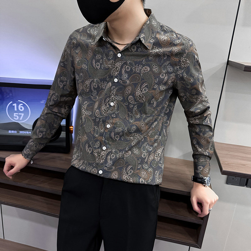 Retro cashew flower men's shirt spring and autumn new style khaki color