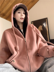 Large size loose lazy style retro zipper hooded drawstring jacket