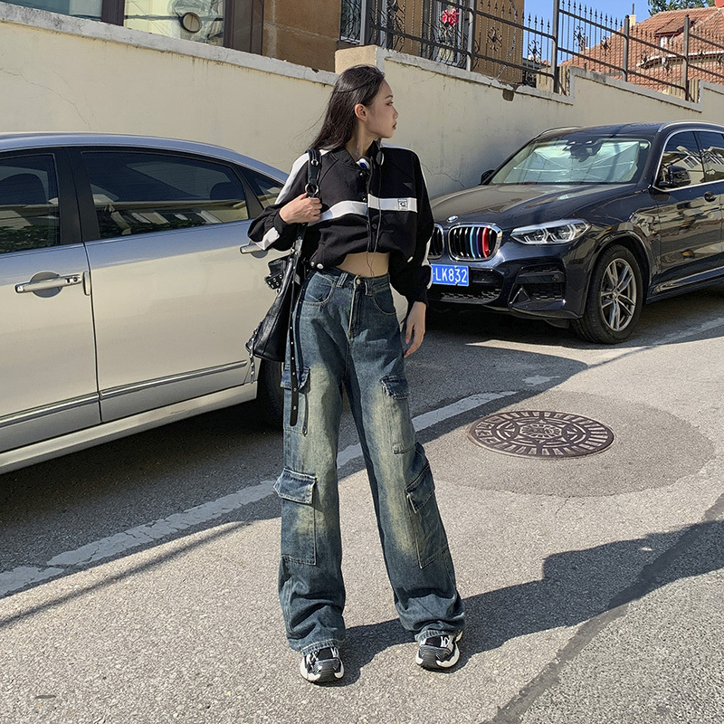 2024 Autumn New American Street Classic Big Pocket Wide Leg Pants New Trendy Cool Work Jeans