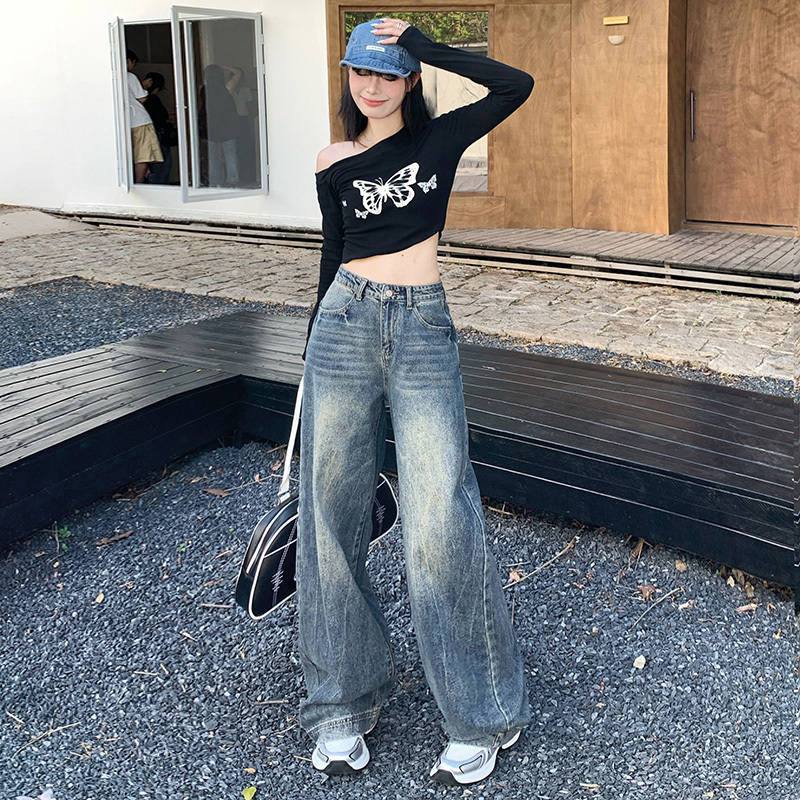 Designed with distressed American high street retro floor-length wide-leg pants high-waisted loose washed jeans for women trendy