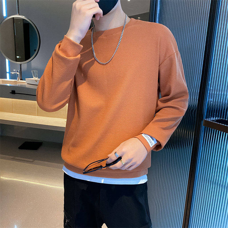 Social Spirited Guy Waffle Fake Two-Piece Sweatshirt Men's Casual Solid Color Versatile