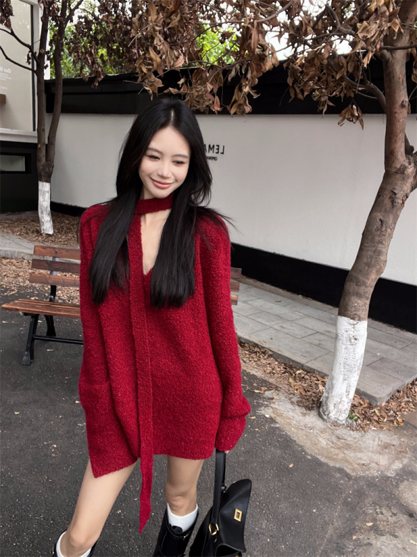 Red loose V-neck sweater women's autumn and winter new sweater jacket high-end lazy style top