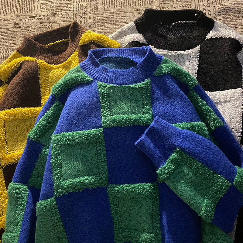 Contrast color thickened knitted sweater three-dimensional flocking large plaid lazy style sweater for women