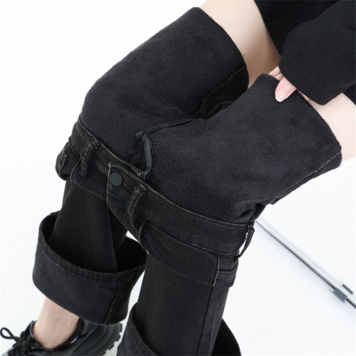 2024 winter new slimming bootcut jeans for women, high-end charcoal black plus velvet, street style narrow version