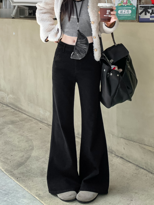 Regular lengthened optional black A-panel wide-leg jeans for women with loose bootcut and non-leg-fitting floor-length trousers