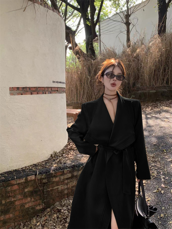 New solid color large lapel design lace-up waist slimming high-end fashion windbreaker jacket