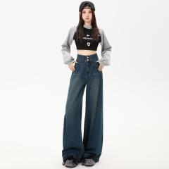 2024 Autumn New Korean Style High Waist Double Button Wide Leg Pants Drapey Versatile Retro Dark Blue Floor-Mopping Pants for Women