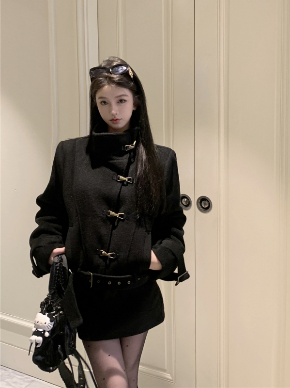 Retro stand-up collar long-sleeved quilted woolen jacket for women + anti-exposure hip-hugging skirt suit