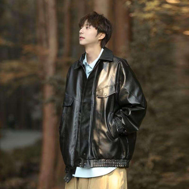Street fashion loose motorcycle leather jacket, handsome and high-end pilot PU jacket