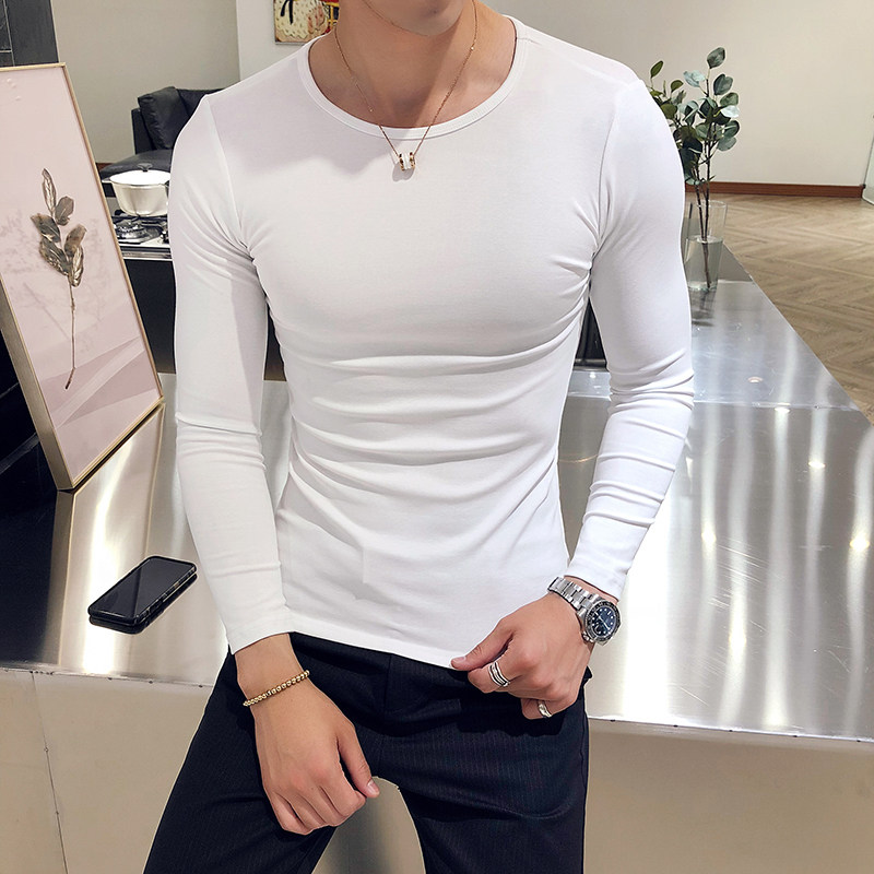 Autumn high elastic men's round neck solid color slim fit inner bottoming T-shirt for men