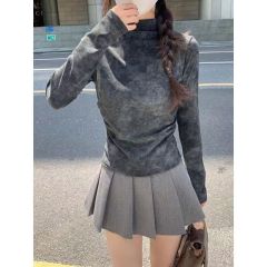 Tie-dye 280g German velvet right shoulder American hottie tie-dye half turtleneck long-sleeved slim bottoming shirt top for women