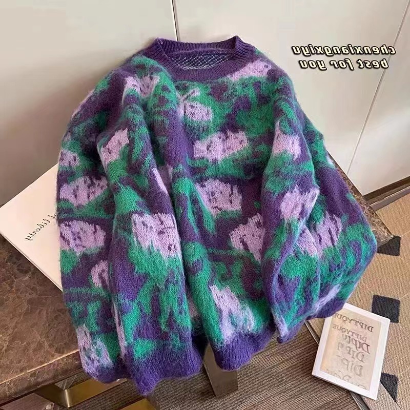 Autumn and winter new style fashionable design purple rose contrasting color versatile round neck brushed sweater women's top
