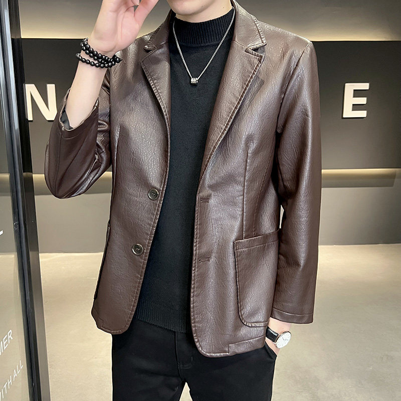 New Men's Casual Fashion Personalized PU Leather Lapel Small Suit