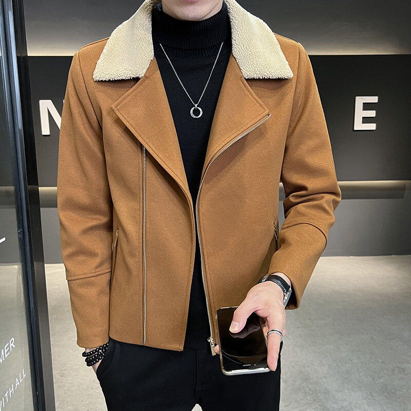 Men's slim woolen jacket, lamb fur collar, thickened cotton jacket