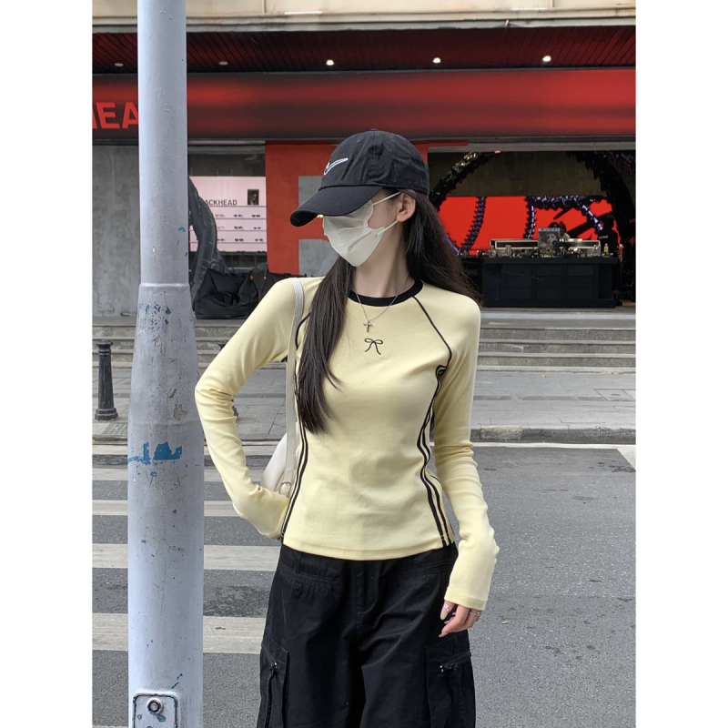 Autumn and winter Korean style round neck contrasting raglan strip embroidery design with long-sleeved T-shirt top for women