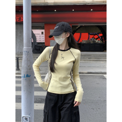 Autumn and winter Korean style round neck contrasting raglan strip embroidery design with long-sleeved T-shirt top for women