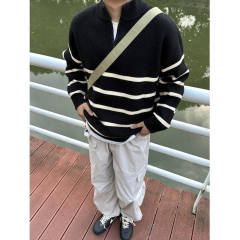 Black and white striped stand-up collar half-zip sweater for men in autumn and winter casual loose lazy style pullover sweater