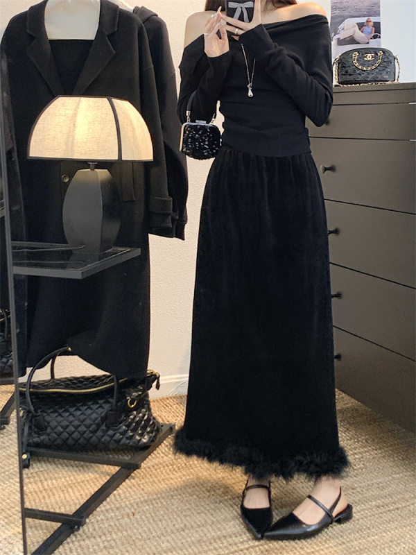 Elegant black velvet plus velvet feather fur edge long skirt plus velvet splicing lace long skirt bestie style