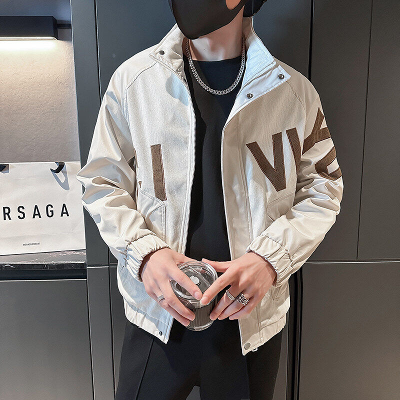 Stand collar jacket men's spring and autumn trendy embroidered letter short jacket versatile splicing casual top