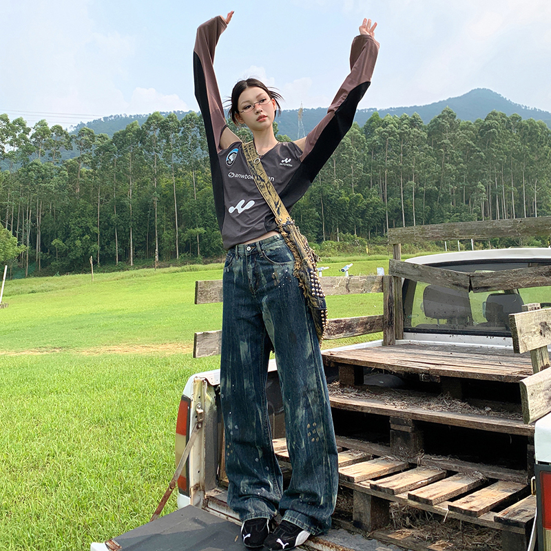 2024 new autumn style American retro inkjet design versatile straight loose wide-leg denim trousers