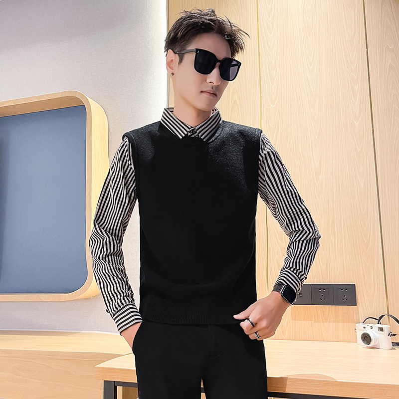 Autumn and winter new men's striped shirt sweater fake two-piece men's winter bottoming shirt