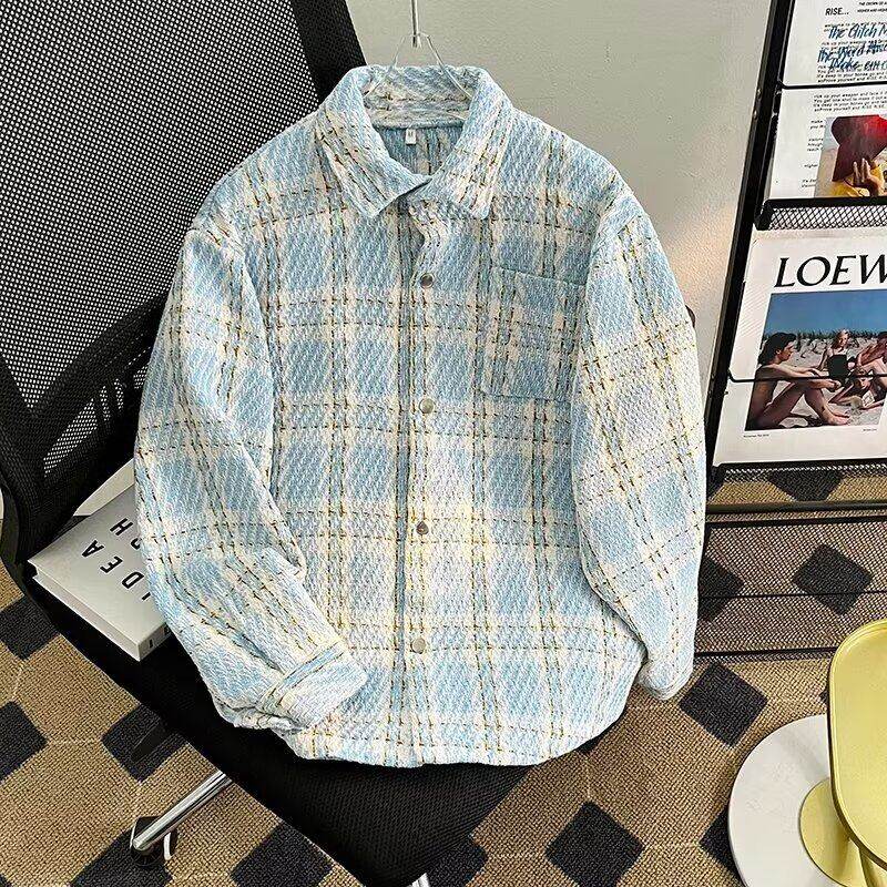 Small fragrant lapel men's Korean style trendy yarn-dyed jacket couple's casual plaid top