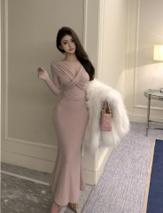 Sexy V-neck twist tie waist slimming dress butt-covering fishtail long skirt for women