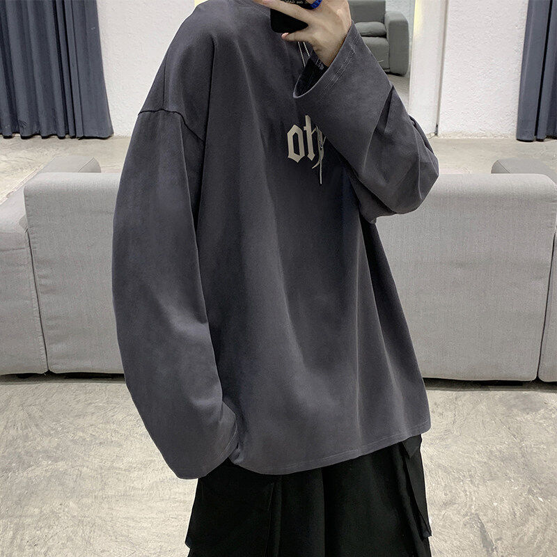 Pure cotton autumn bottoming trendy brand letter printed large size long-sleeved T-shirt for men